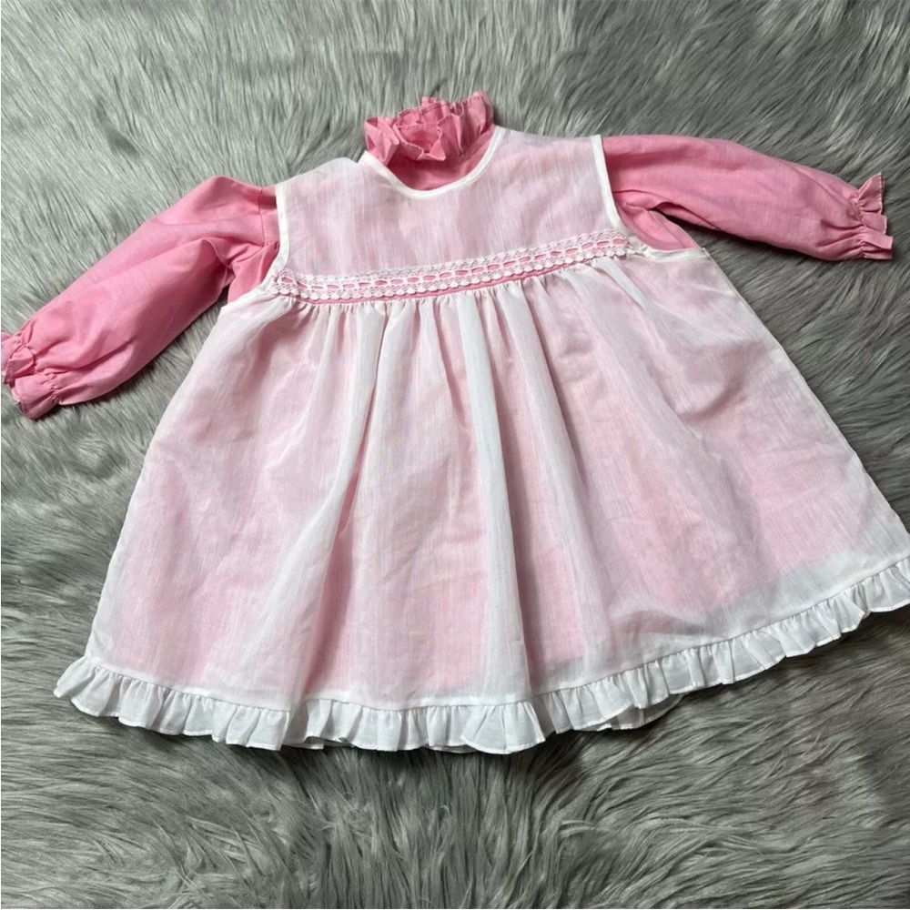 Vintage Toddler Girls Pink White Pinafore Dress